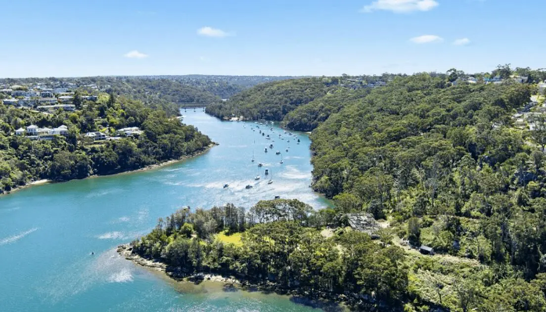 Aerial view of Killarney Heights showing lush bushland and Middle Harbour waterfront – a highlight for any Killarney Heights buyers agent.